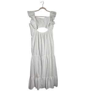 Boohoo White Eyelet Smocked Tiered Cutout Flutter Sleeve Maxi Dress 14 Cottage